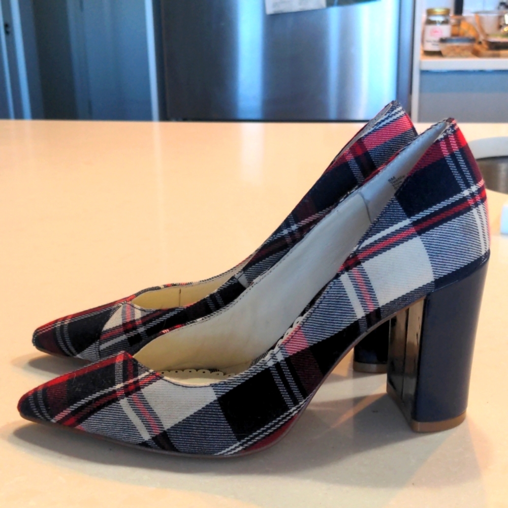 1901 blue and plaid heels